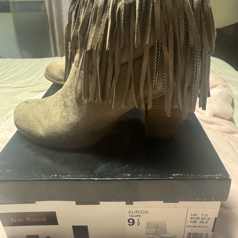 Not Rated Taupe Suede Fringe Booties